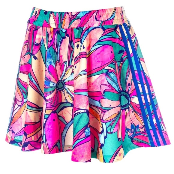 Adidas Originals x Farm Bananas Flared mini Skirt S tropical floral pink NWOT - Picture 1 of 13